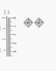 Measurement chart illustrating the 1.2 cm by 1.2 cm dimensions of the square moissanite stud earrings.