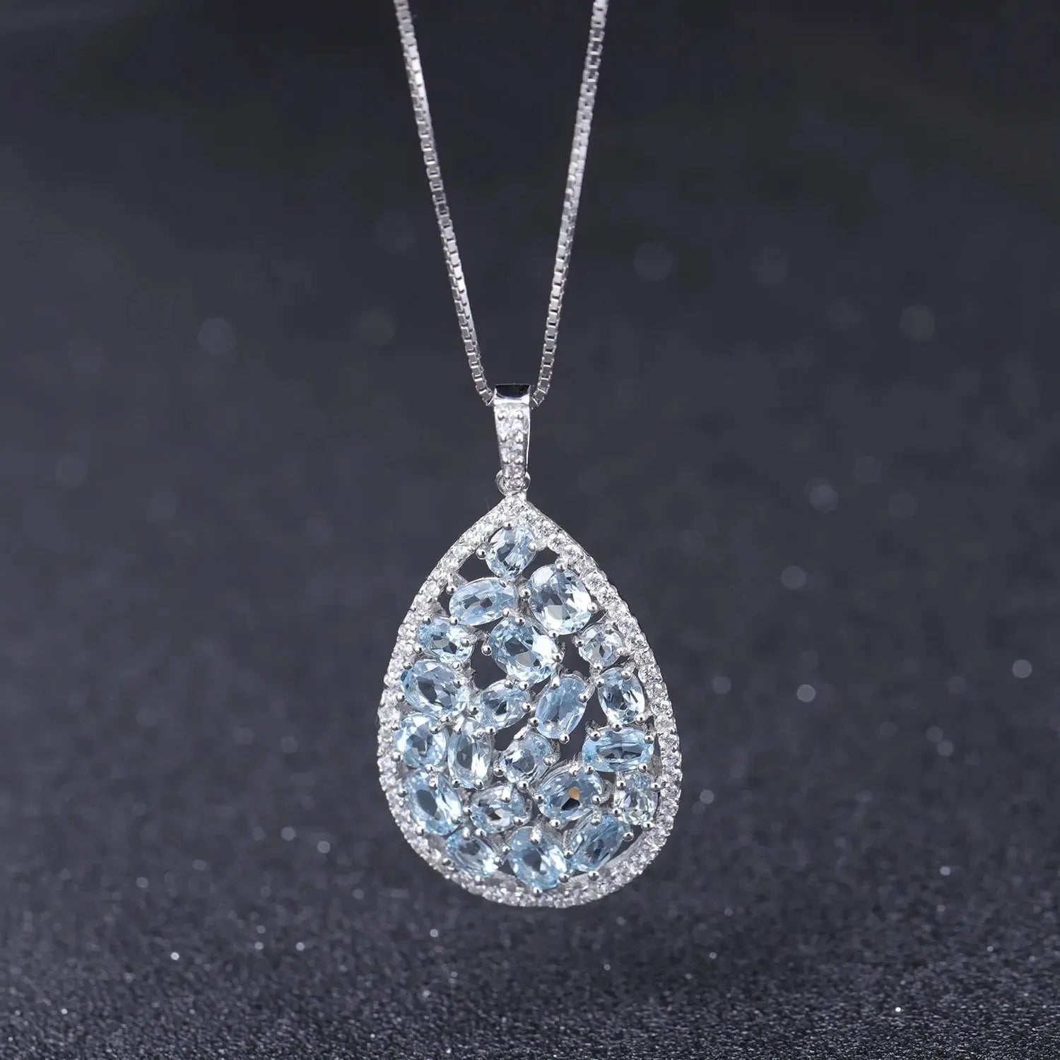 Sky Blue Topaz Drop Shape Cluster Necklace in Sterling Silver - Irosk Australia