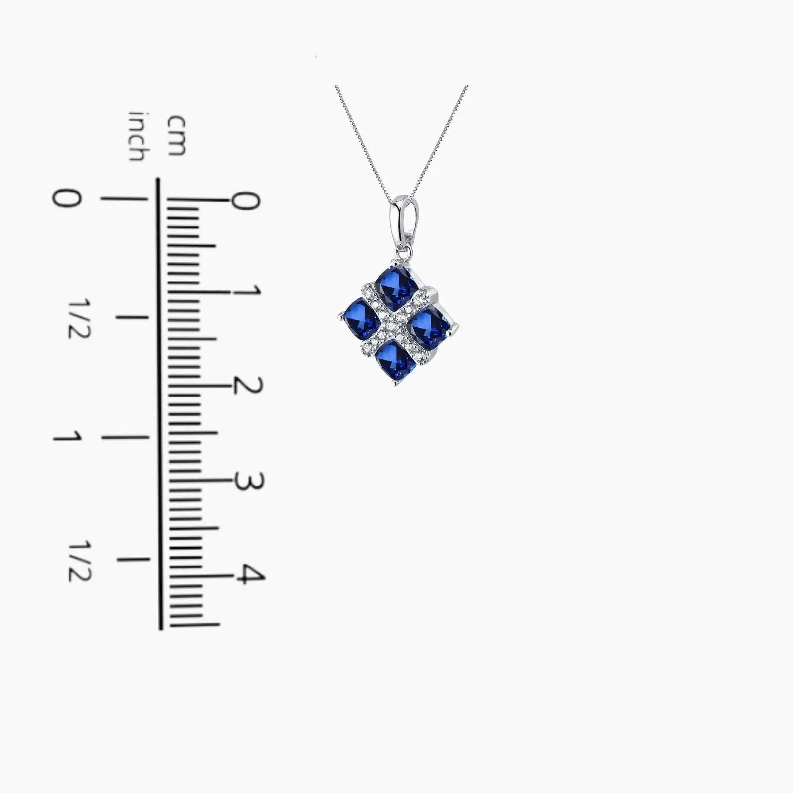 Size reference for square sapphire necklace, displaying pendant dimensions for accurate measurement and better understanding of the necklace fit.