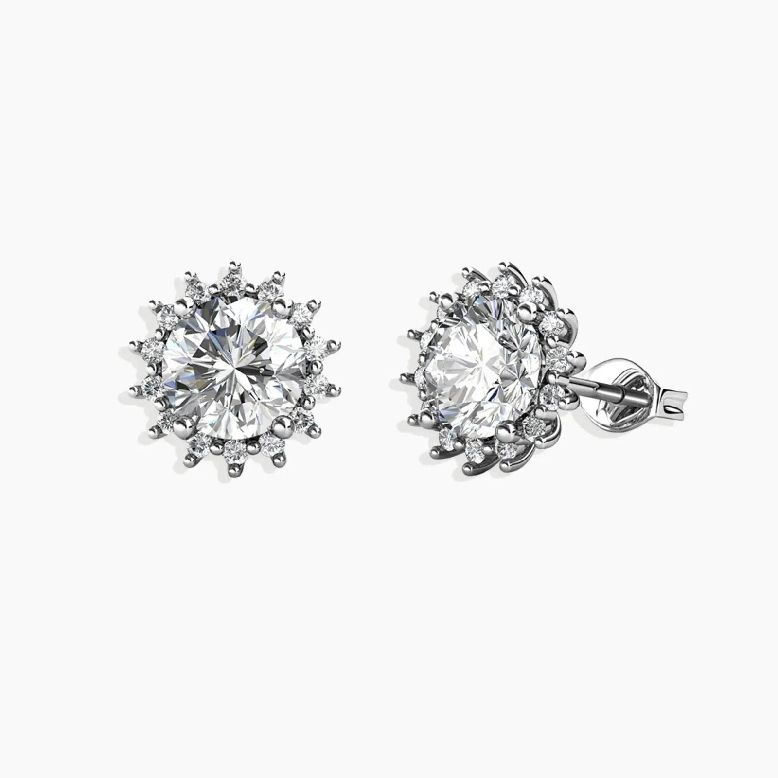 Front and side views of the Sunburst Moissanite Round Stud Earrings, showcasing their detailed sunburst setting and round moissanite center.