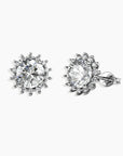 Front and side views of the Sunburst Moissanite Round Stud Earrings, showcasing their detailed sunburst setting and round moissanite center.