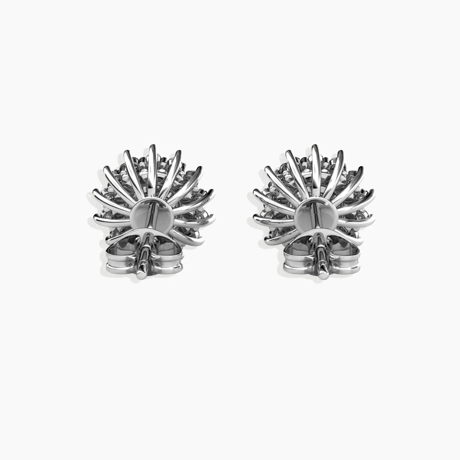 Close-up image of the Sunburst Moissanite Round Stud Earrings from the back, highlighting the sturdy post and butterfly clasp.