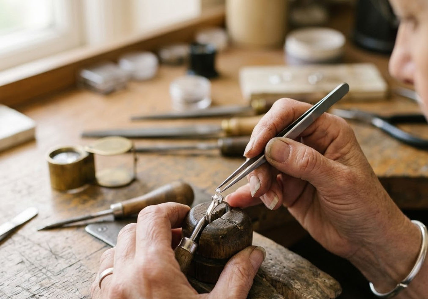Close-up of hands crafting a piece of Irosk jewellery