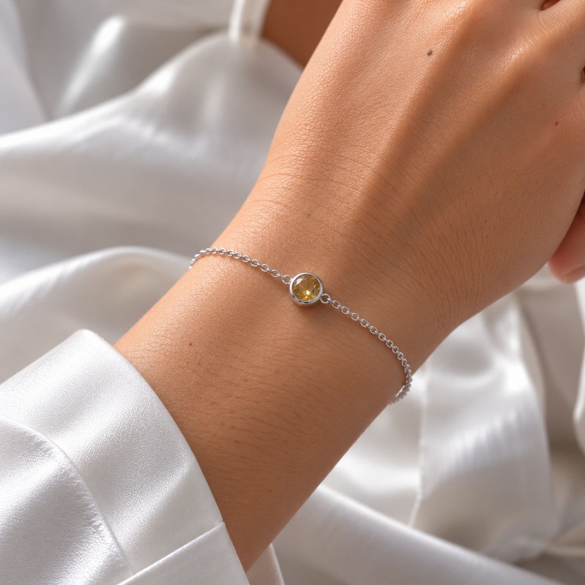 Citrine Round Solitaire Bracelet in Sterling Silver – November Birthstone | Irosk