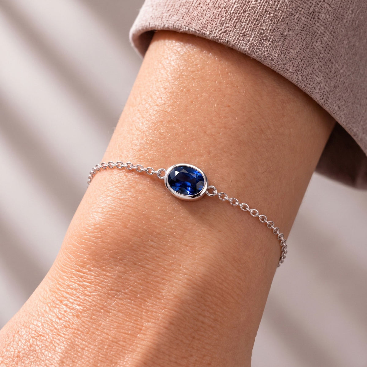 Lab Sapphire Oval Solitaire Bracelet in Sterling Silver – September Birthstone | Irosk