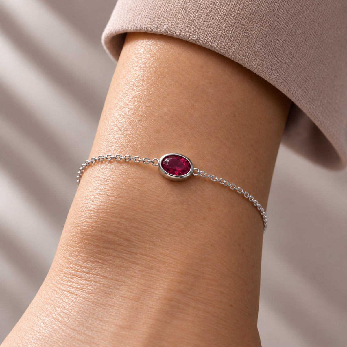 Lab Ruby Oval Solitaire Bracelet in Sterling Silver – July Birthstone | Irosk