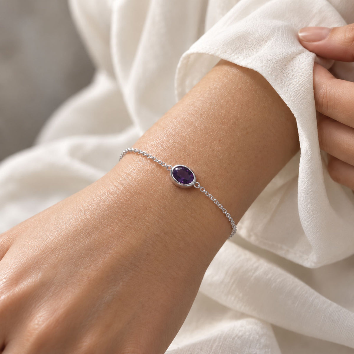 Amethyst Oval Solitaire Bracelet in Sterling Silver – February Birthstone | Irosk