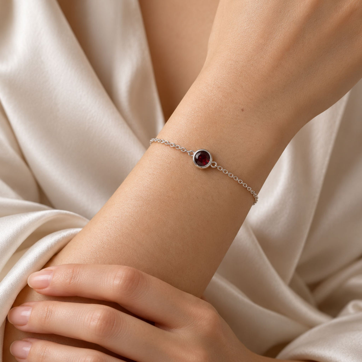 Garnet Round Solitaire Bracelet in Sterling Silver – January Birthstone | Irosk