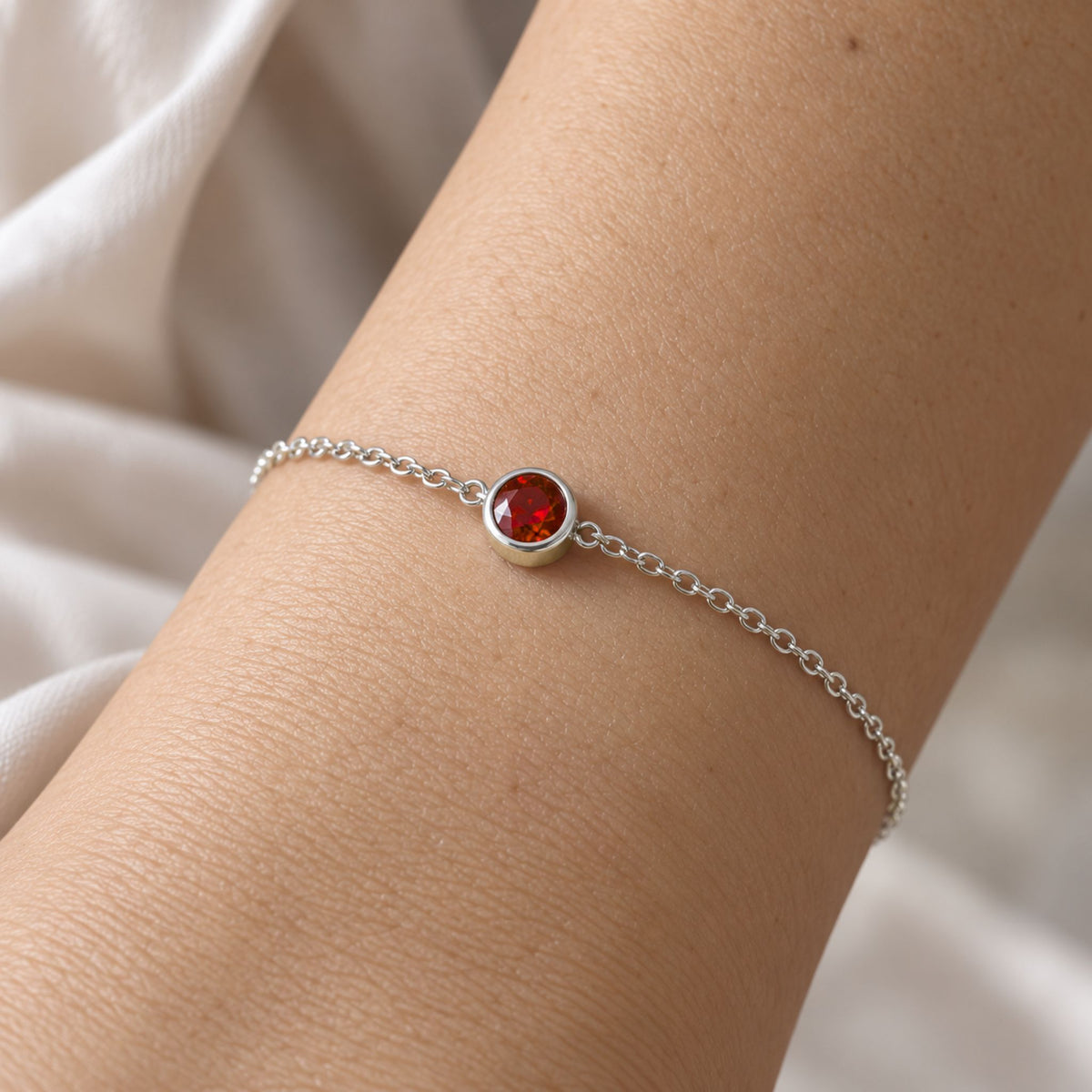 Lab Ruby Round Solitaire Bracelet in Sterling Silver – July Birthstone | Irosk