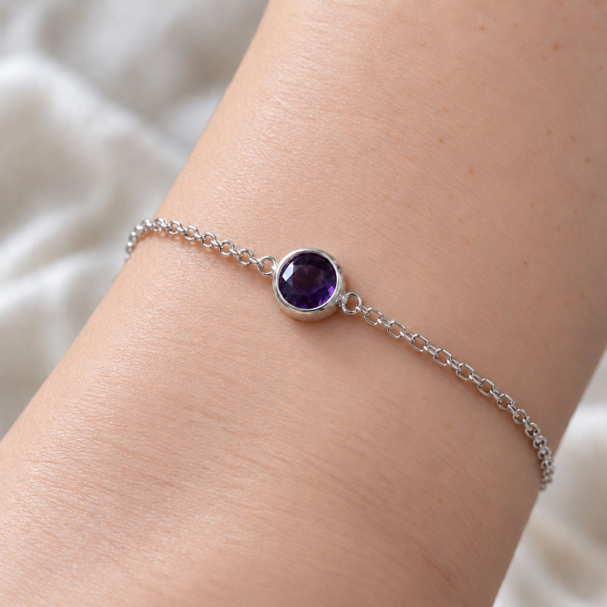 Amethyst Round Solitaire Bracelet in Sterling Silver – February Birthstone | Irosk