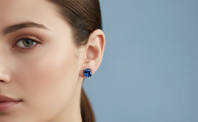 Close-up of a woman wearing blue sapphire gemstone earrings against a light blue background
