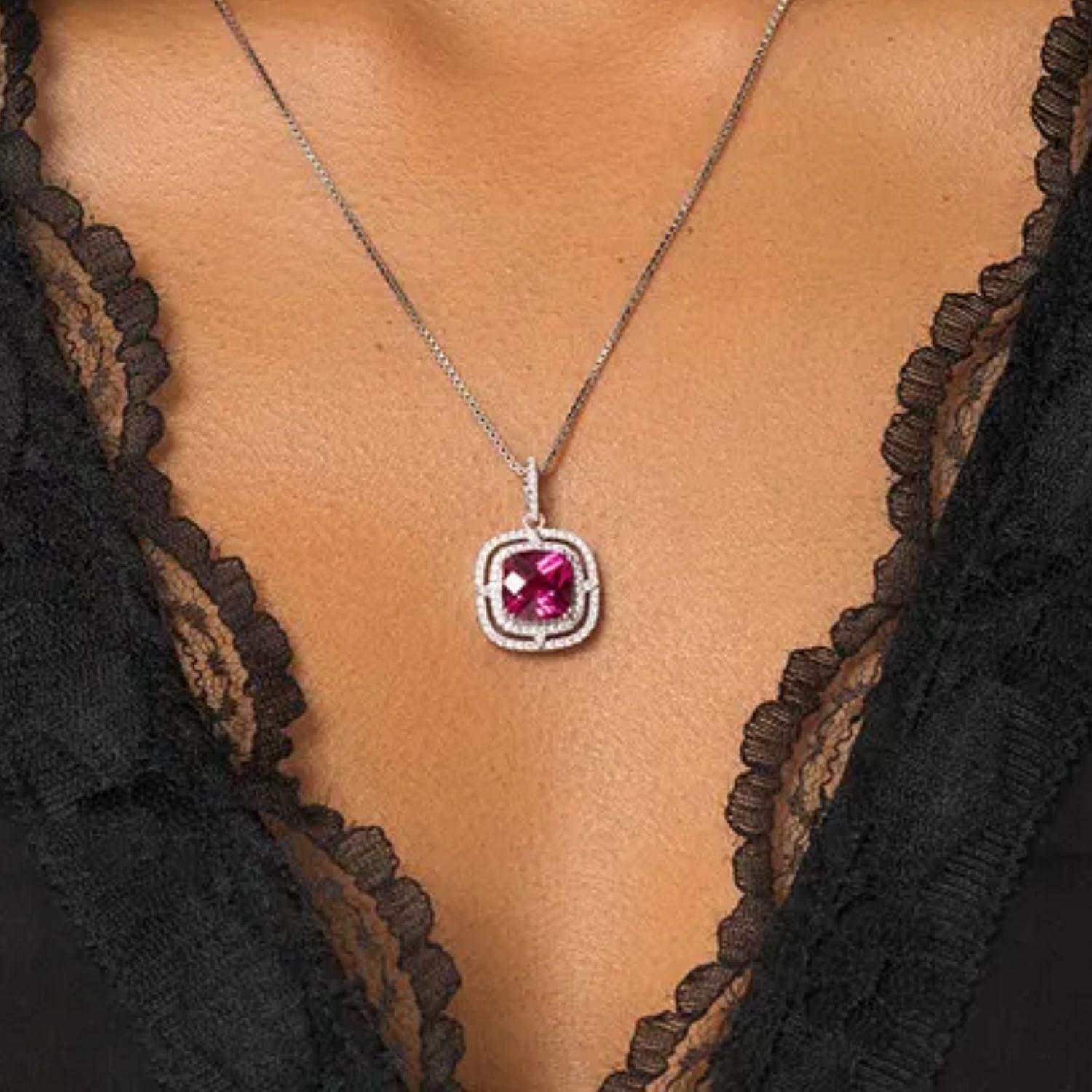 Ruby Cushion Cut Artistic Pendant Necklace in Sterling Silver