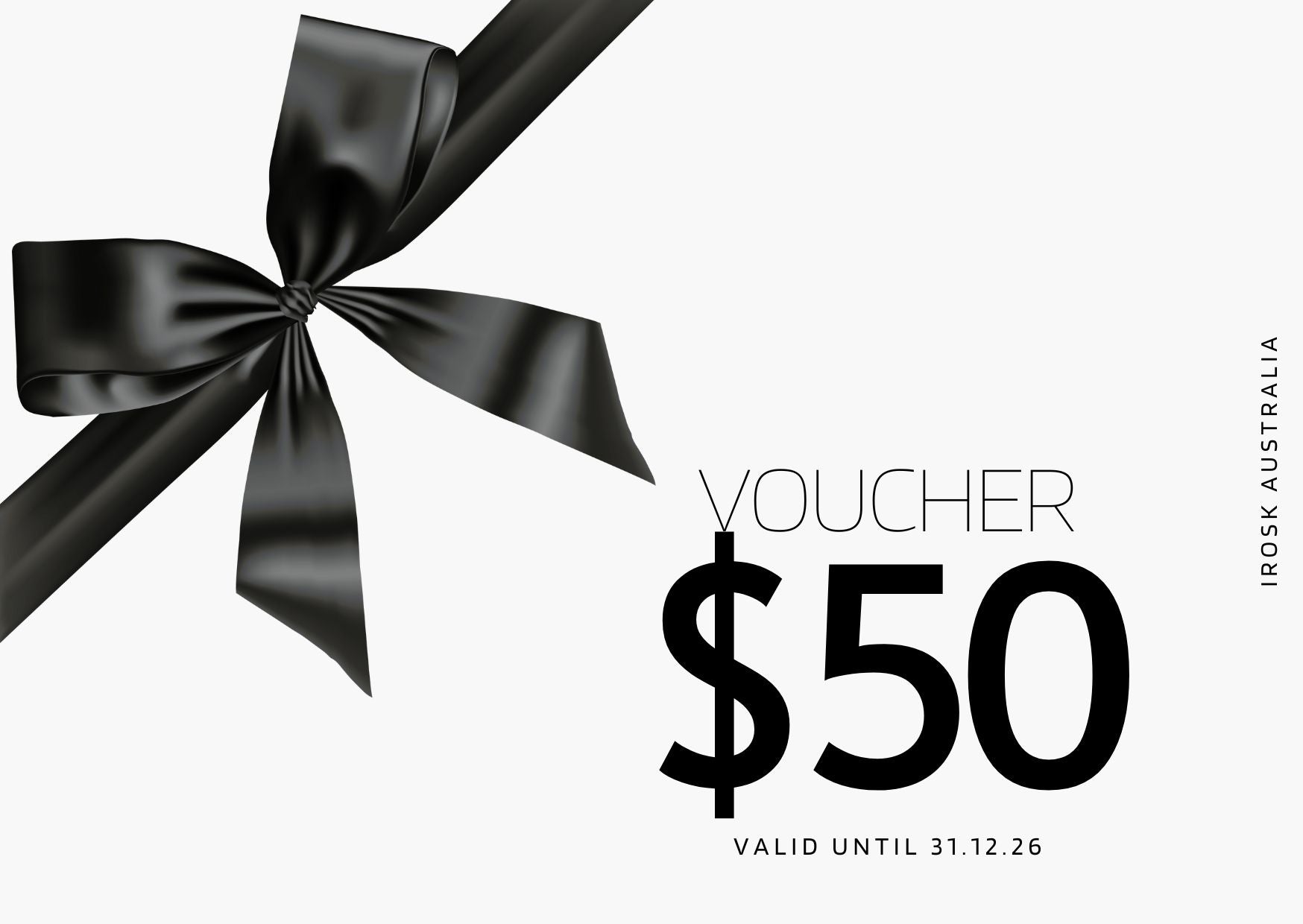 Gift voucher with a black ribbon on a white background, featuring the text 'Voucher $50' and 'Irosk AUSTRALIA'.