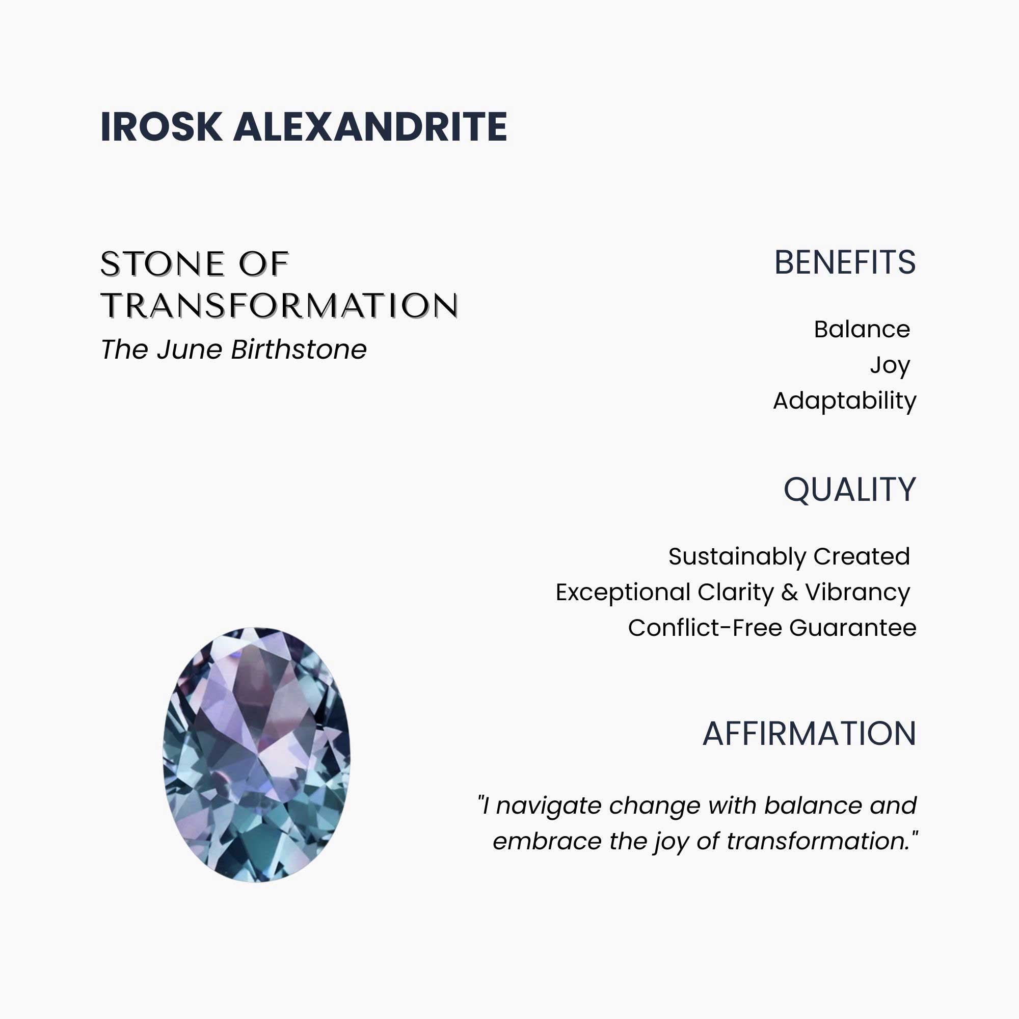 Irosk Alexandrite with its properties and benefits on a white background