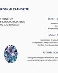 Irosk Alexandrite with its properties and benefits on a white background