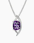 Luxury sterling silver pendant necklace featuring a cushion-cut deep amethyst set in an artistic globe-style frame on a box chain.