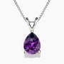 Pear-shaped amethyst pendant necklace in silver claw setting on a box chain