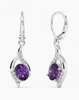 Silver earrings with purple amethyst gemstones on a white background