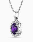 Oval Amethyst Halo Pendant Necklace – Sterling Silver Birthstone Jewellery | Irosk