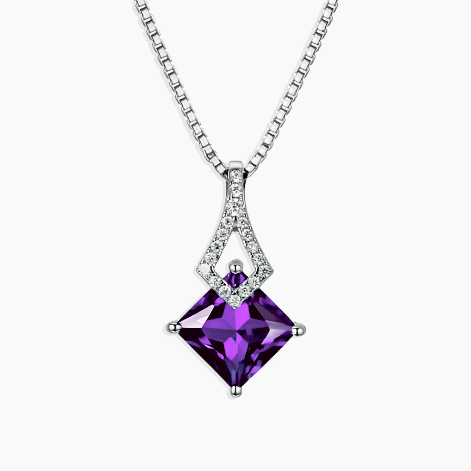 Princess-cut amethyst pendant necklace in rhodium-plated sterling silver with twist bale, 2.00 carats, February birthstone