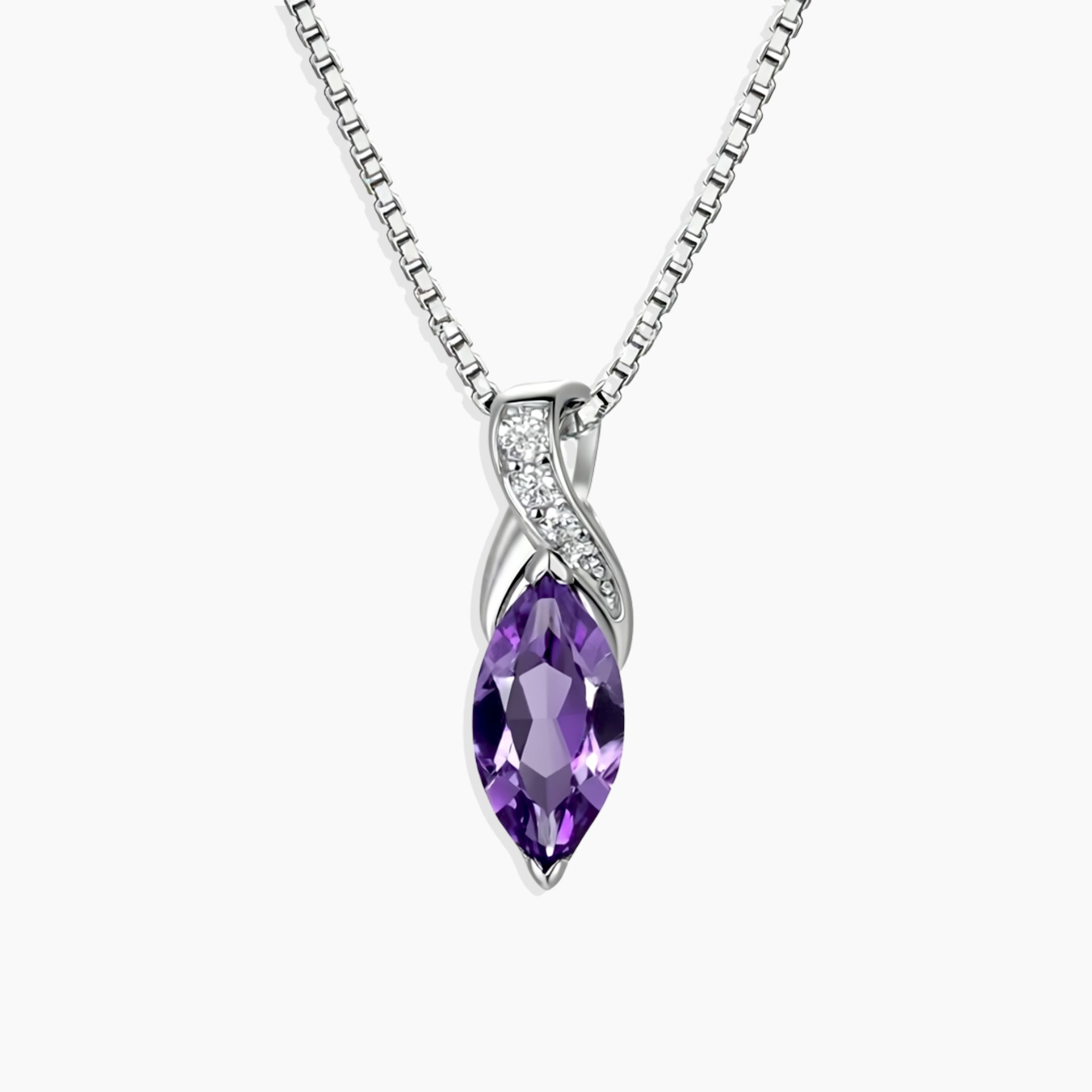 amethyst Purple gemstone necklace with silver chain on a white background