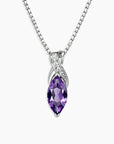 amethyst Purple gemstone necklace with silver chain on a white background