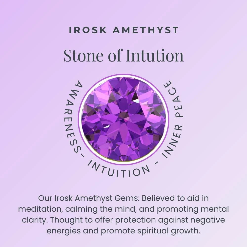 Images featuring text describing the properties of amethyst, highlighting its captivating allure, spiritual significance, and elegant charm, complementing the beauty of the Cushion Cut Stud Earrings.