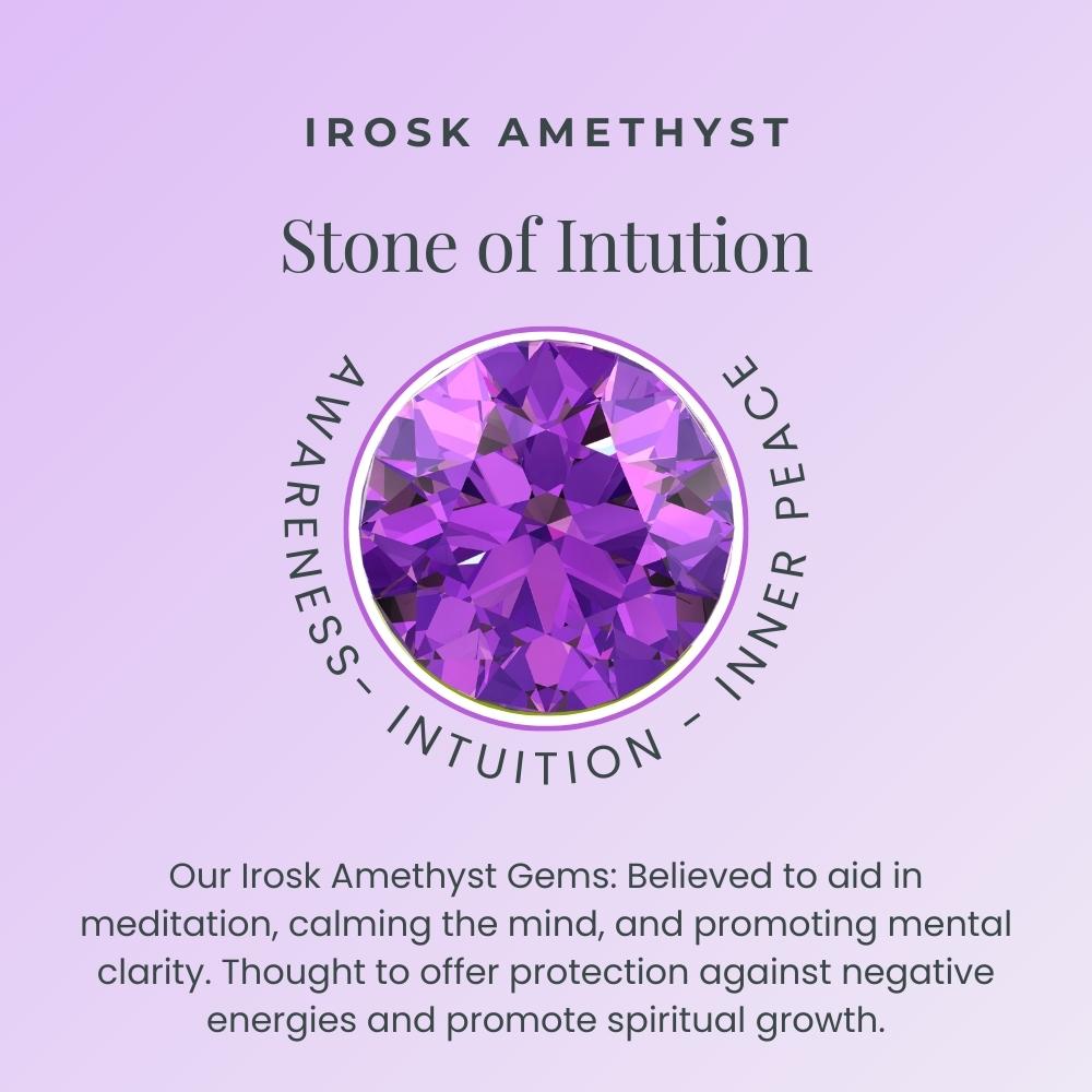 Images featuring text describing the properties of amethyst, emphasizing its beauty, calming energy, and spiritual significance, complementing the elegance of the Irosk Oval Cut Amethyst Pendant.