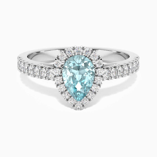 photo of pear cut aquamarine ring facing top gemstone and halo