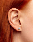 Close-up of a woman’s ear with the Aquamarine round stud earring.