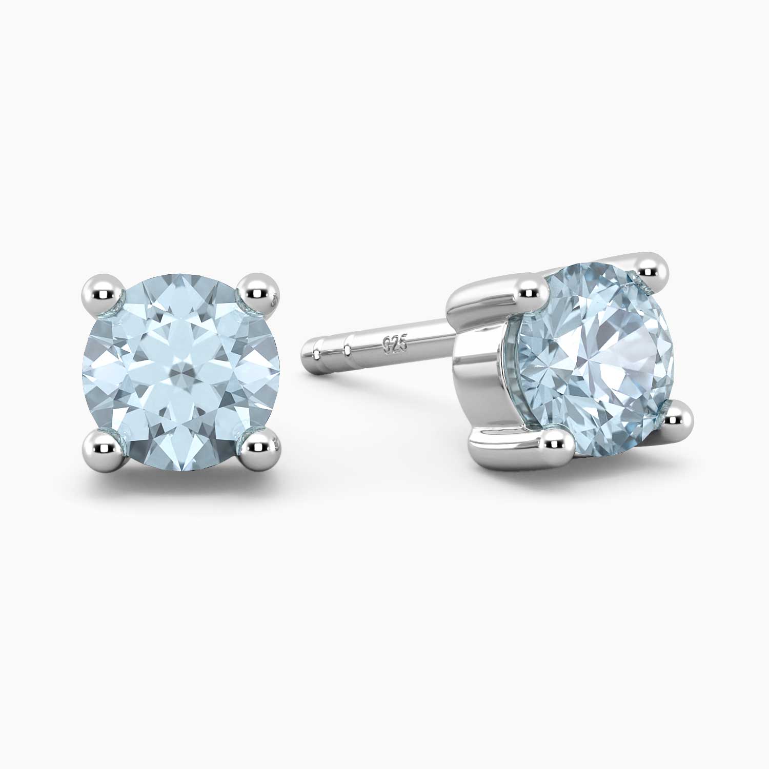 Round-cut Aquamarine stud earrings set in rhodium-plated 925 Sterling Silver.