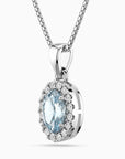 Oval Aquamarine Halo Pendant Necklace – Sterling Silver Birthstone Jewellery | Irosk