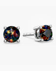 Pair of stud earrings with black opal gemstones on a white background