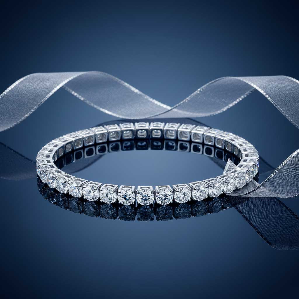 Diamond bracelet on a reflective surface with a blue ribbon