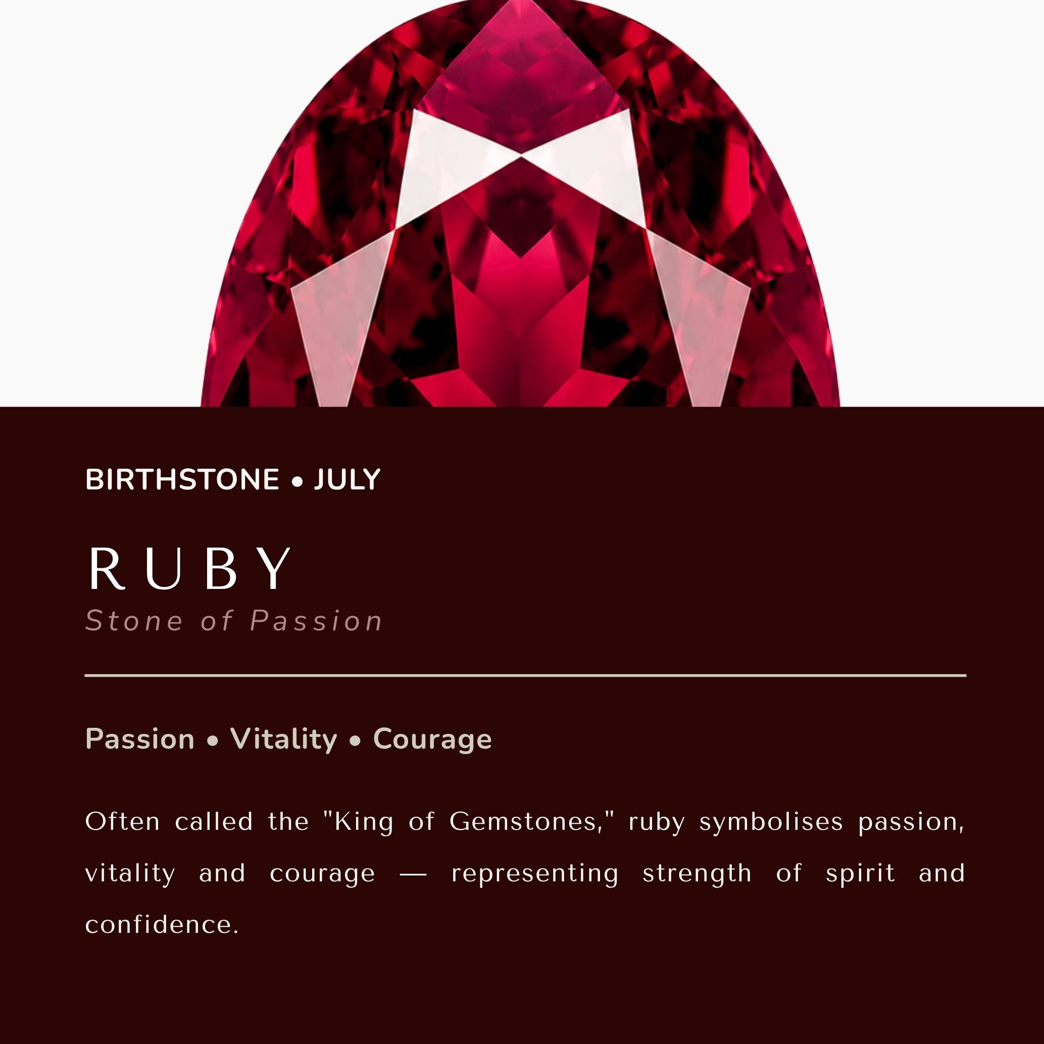 Ruby gemstone with descriptive text on a dark background