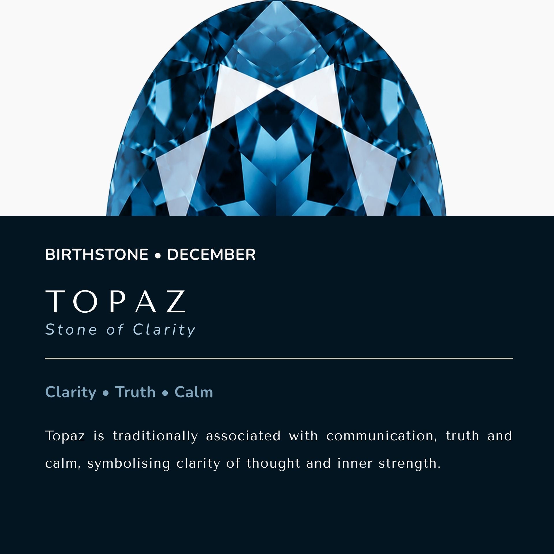 A dark navy informational graphic with a large faceted blue gemstone at the top and text reading 'BIRTHSTONE • DECEMBER', 'TOPAZ', 'Stone of Clarity', and a short descriptive paragraph about topaz symbolism.