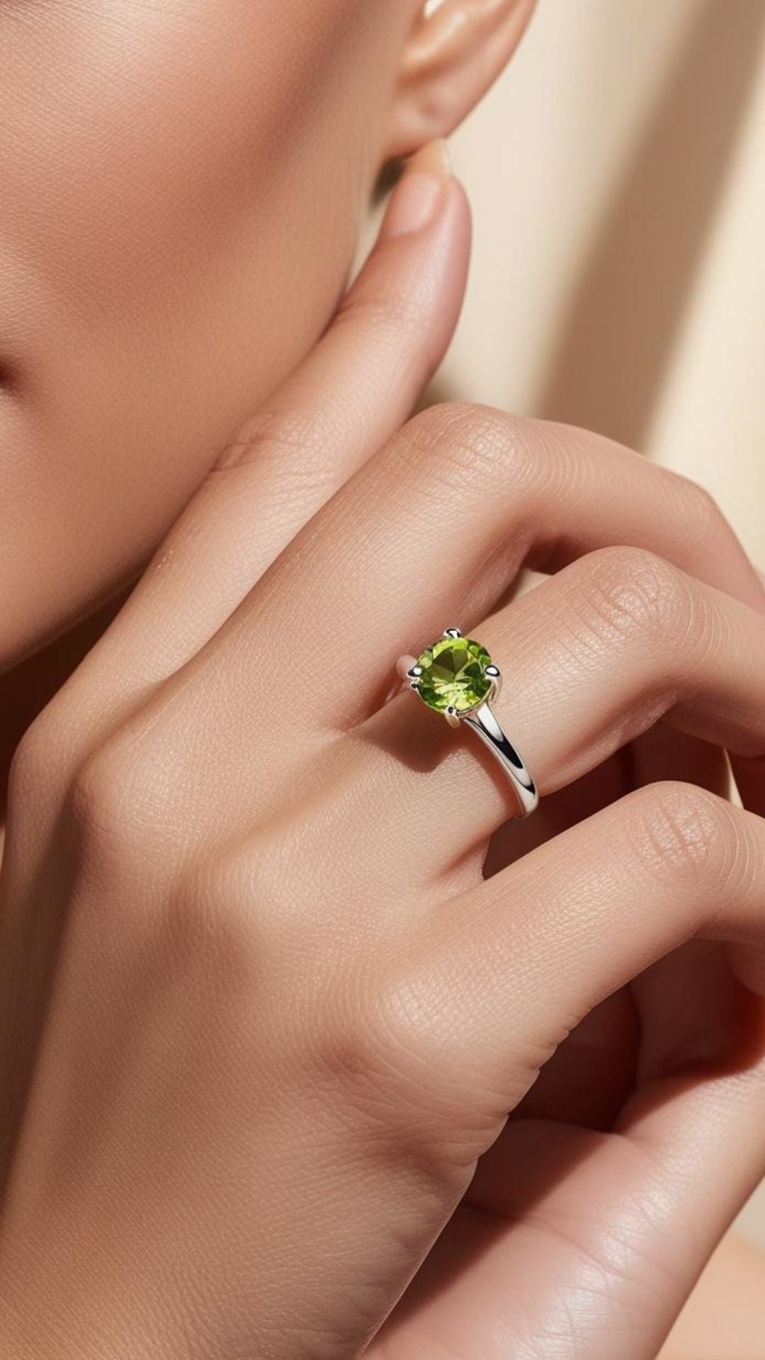 round shape peridot ring on hand