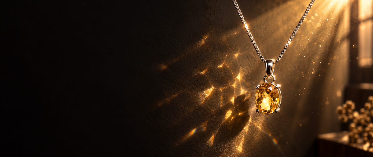 Oval citrine pendant in sterling silver glowing in a beam of sunlight – November birthstone