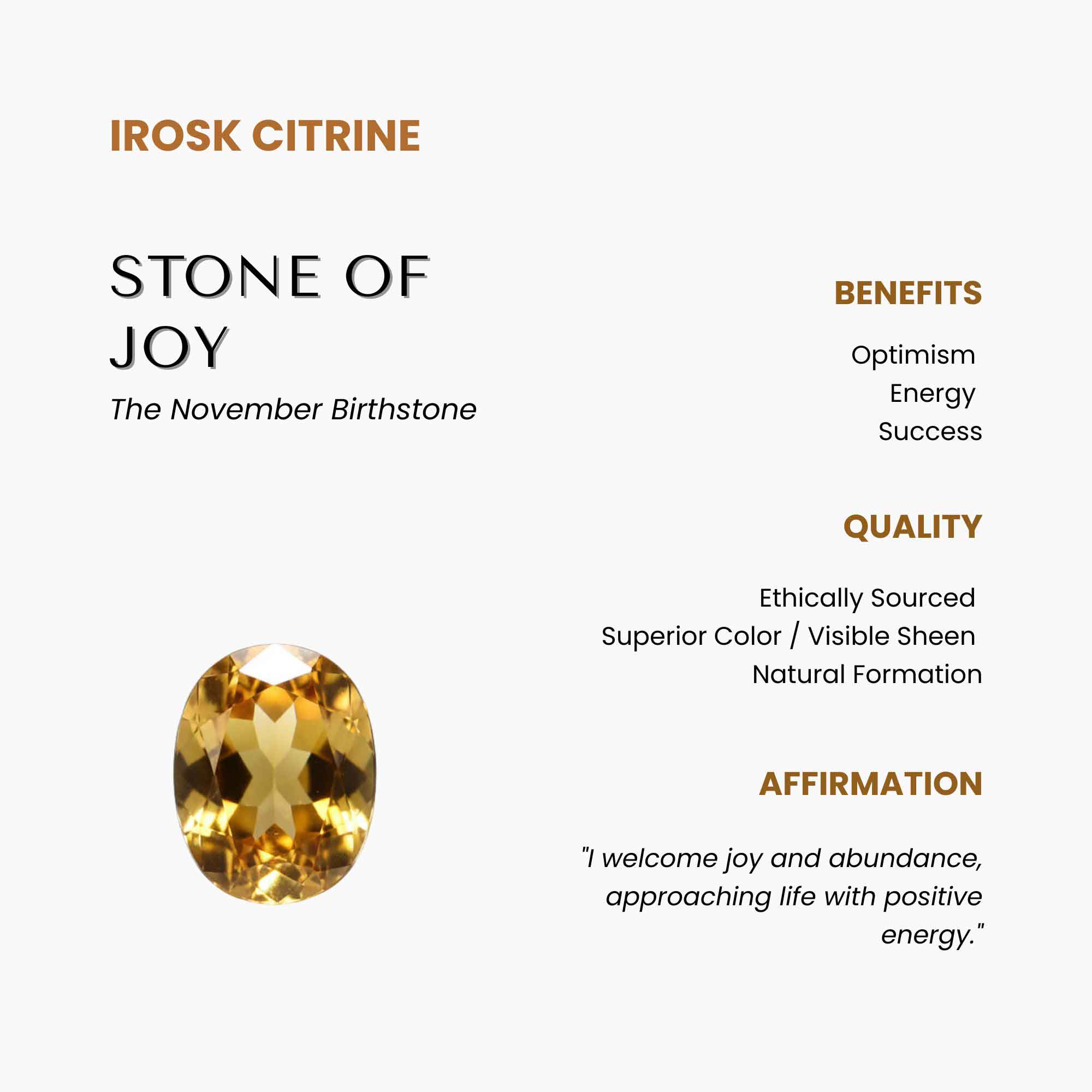 Irosk Citrine stone with benefits, quality, and affirmation text on a white background