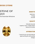 Irosk Citrine stone with benefits, quality, and affirmation text on a white background