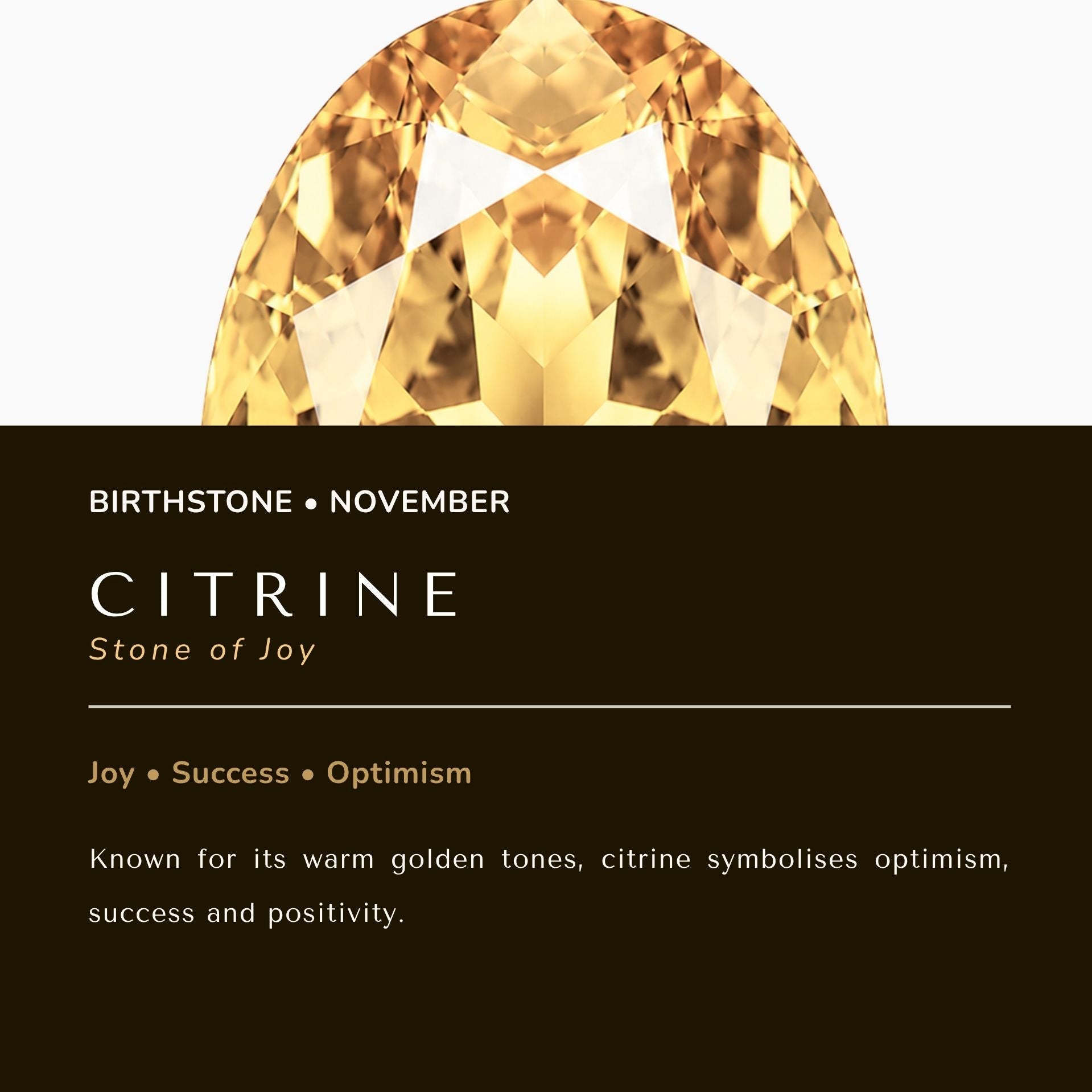 A graphic card featuring a large faceted citrine gemstone at the top and text below on a dark brown background. The text identifies the stone as Citrine, a November birthstone, and describes its golden color symbolism.