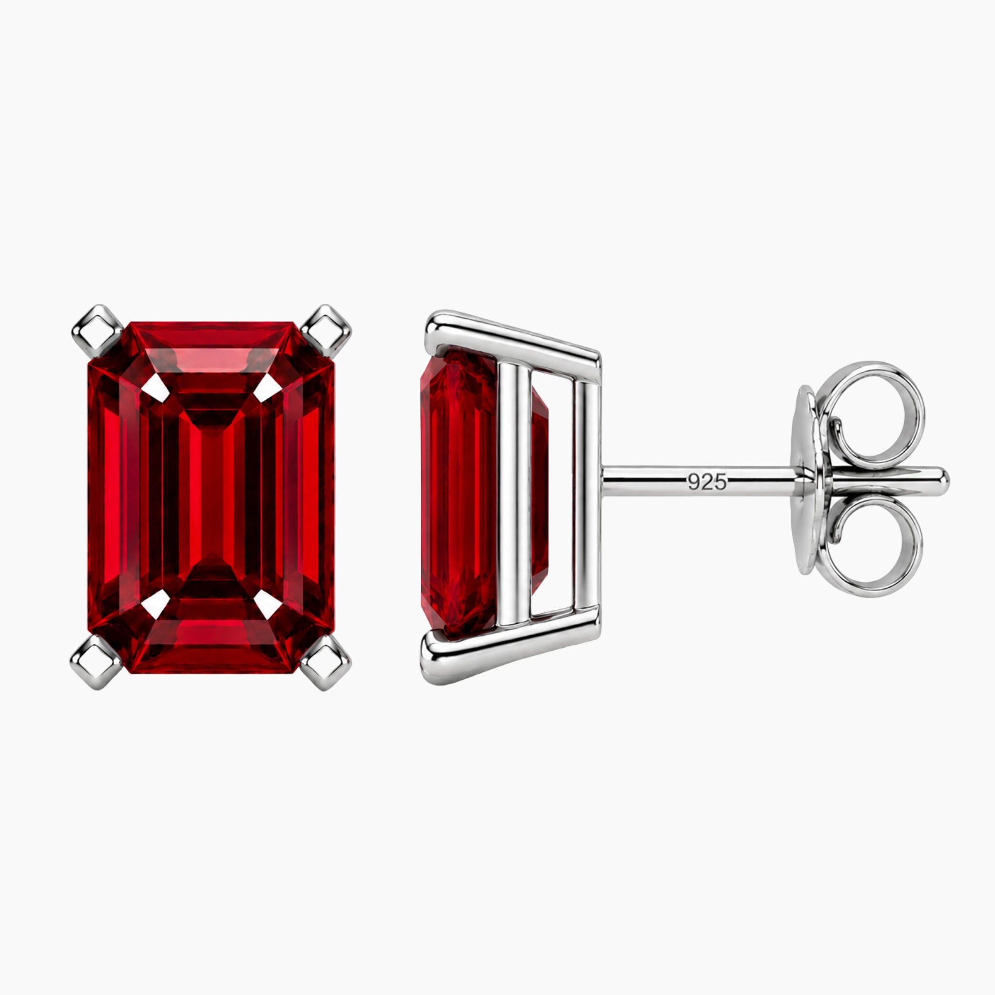 front and side view of emerald cut ruby studs