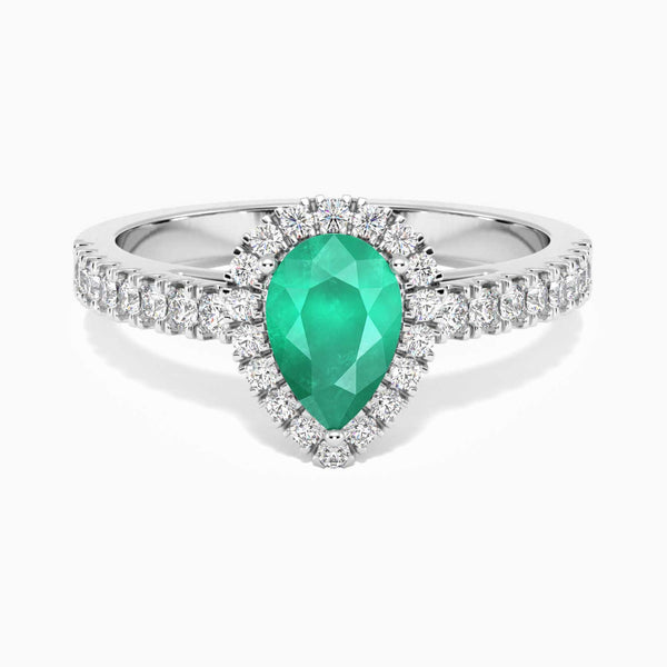 top view of pear shape emerald halo ring