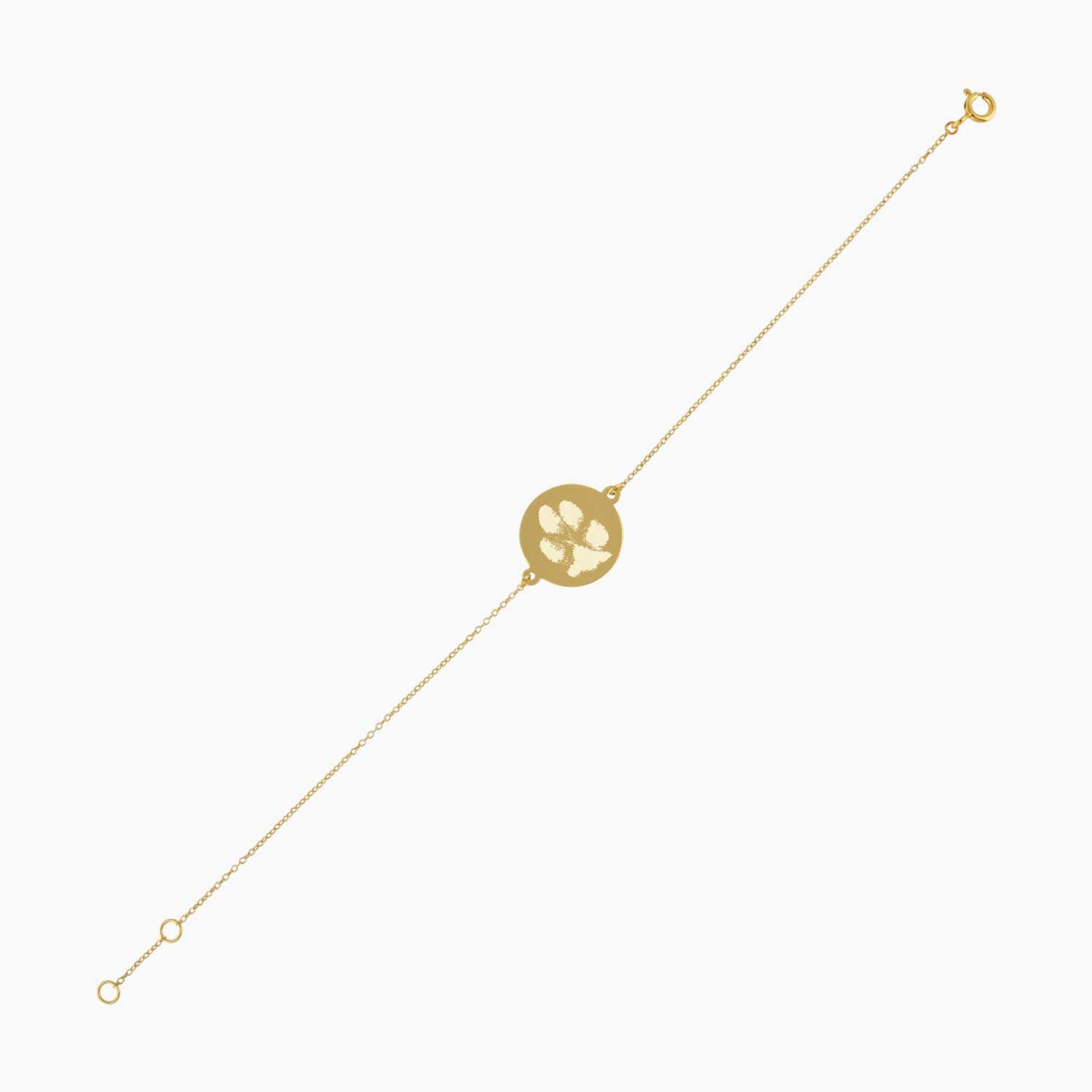 full view of gold pawprint bracelet