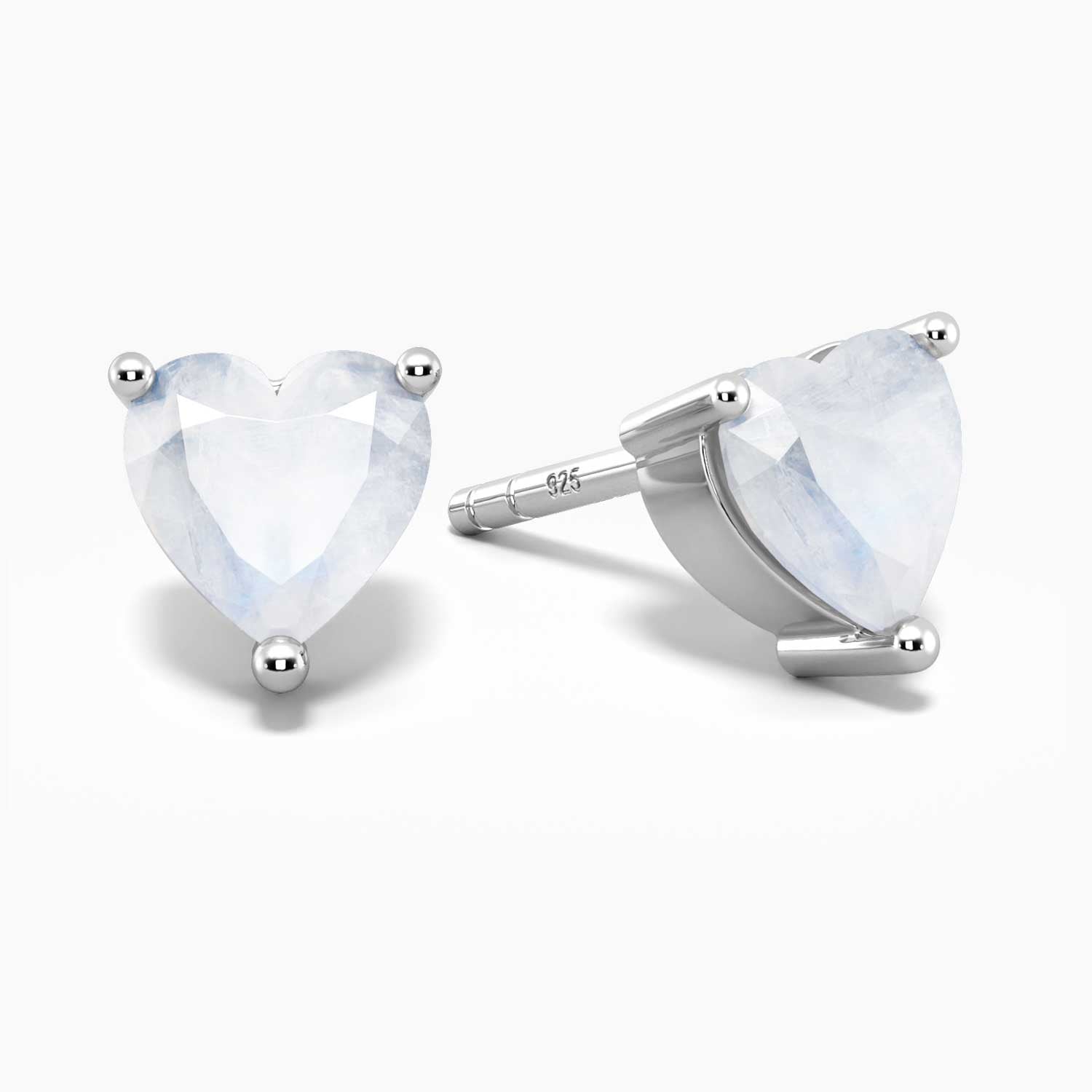 Heart-cut natural moonstone stud earrings in rhodium-plated sterling silver – delicate and minimal