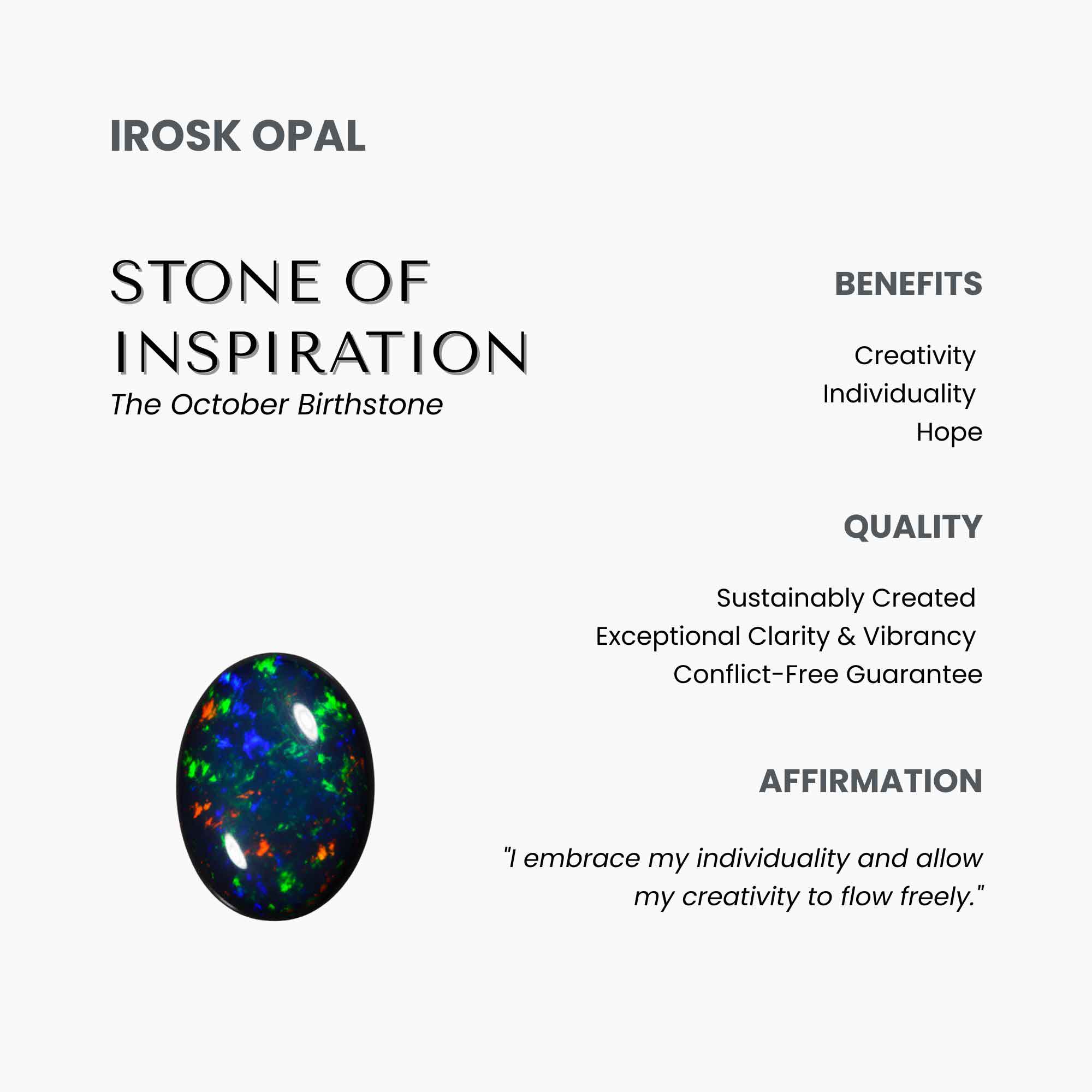Irosk Opal with benefits, quality, and affirmation text on a white background