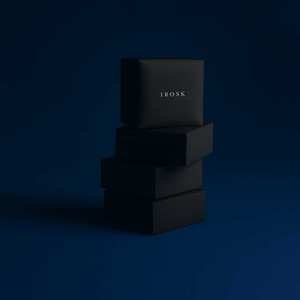 lifestyle image of irosk jewellery boxes stacked vertically with top one showcasing irosk logo on blue background