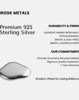 Irosk Metals premium 925 sterling silver product with features listed on a white background.