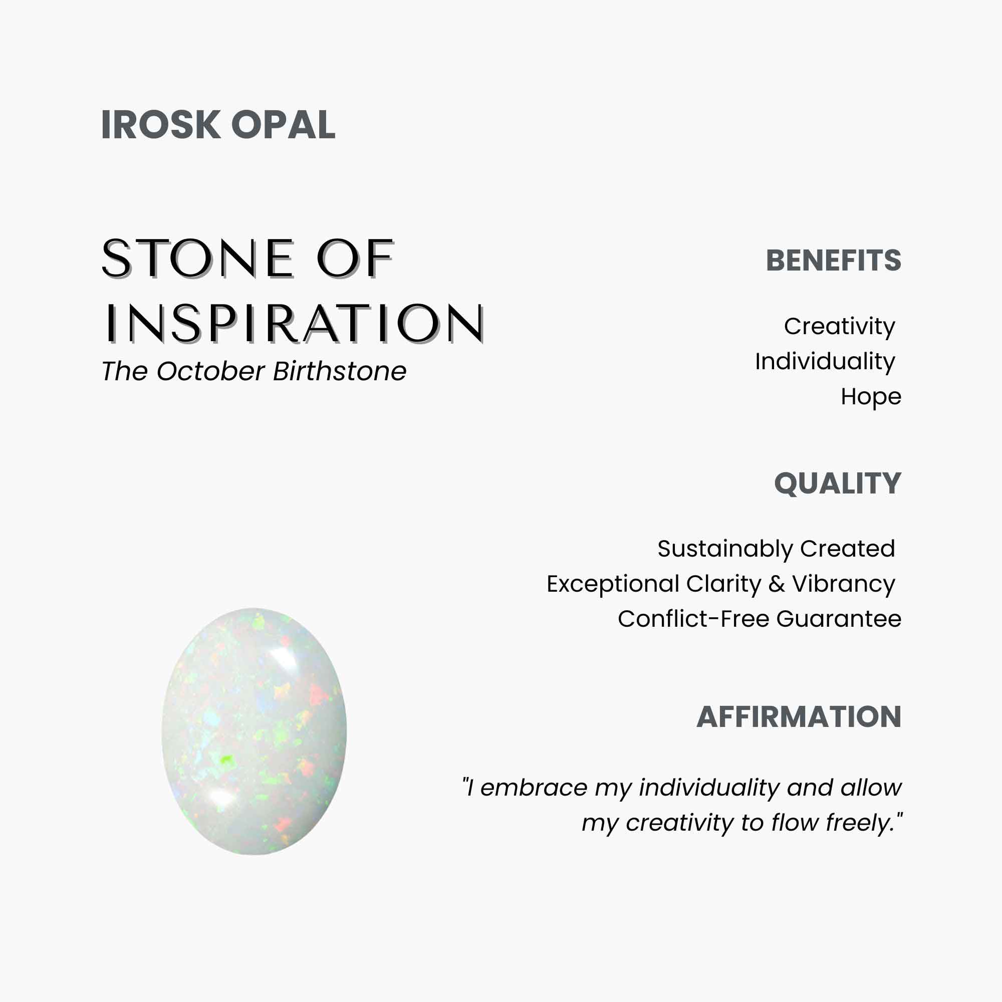 Opal stone with Irosk branding and information on a white background