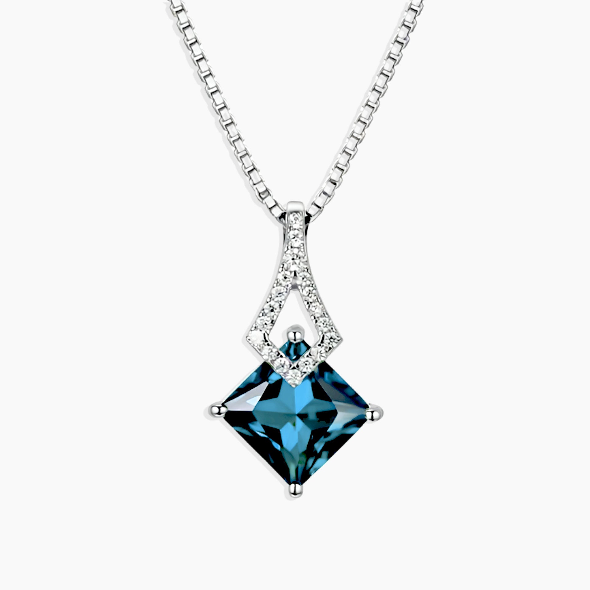Princess-cut light blue topaz pendant necklace in rhodium-plated sterling silver, 2.00 carats, December birthstone